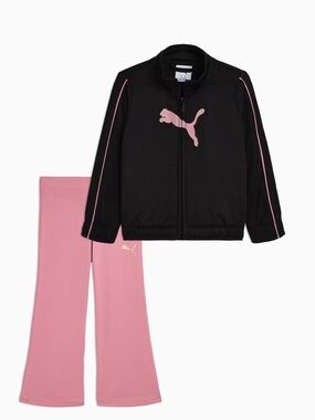 Puma Black Jacket with Pink Logo and Pink Flare Pants
